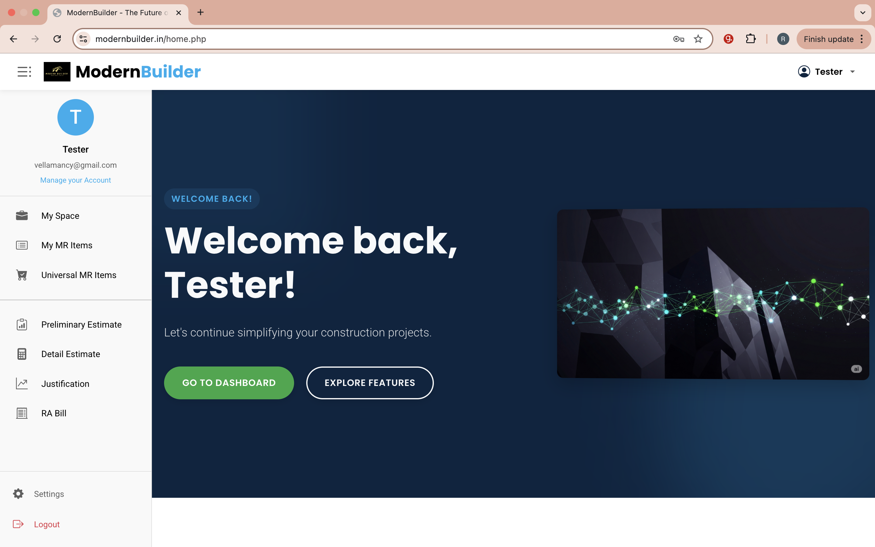 The main dashboard view after logging in